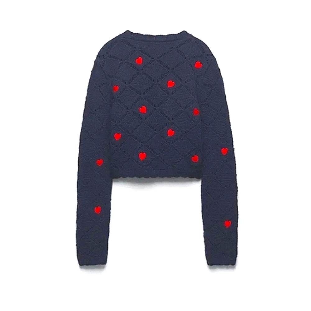 Knit Crochet Cropped Hearts Long Sleeve Sweater Scalloped Hem Navy Medium